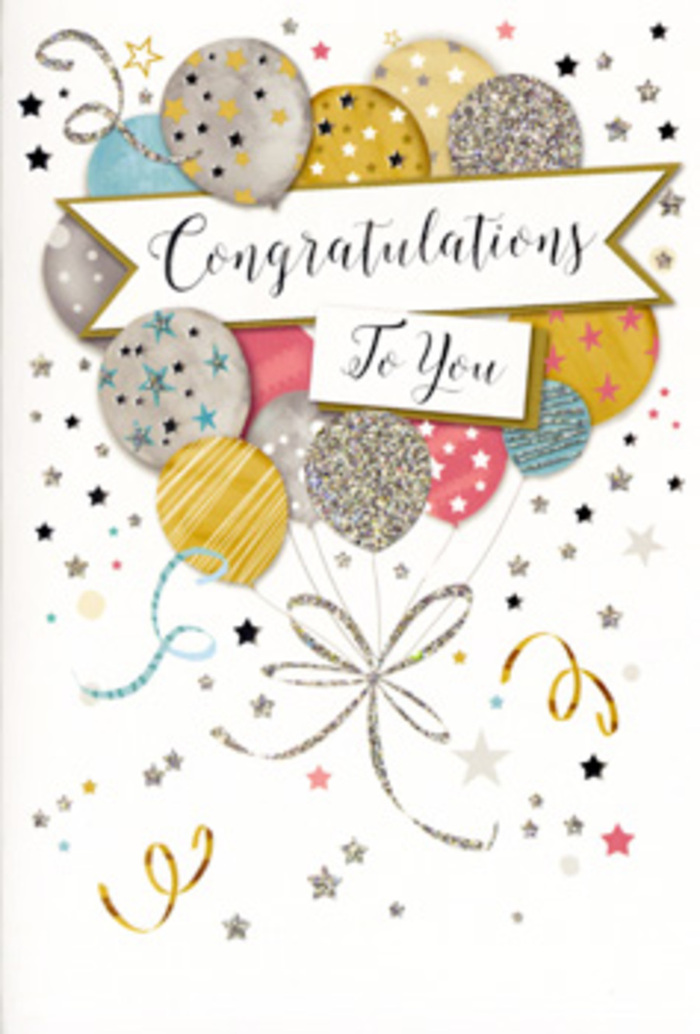 The congratulations card in this image carries the charm of a Hackney Wick celebration distilled into a single, thoughtfully composed design. At its centre, a bunch of illustrated balloons rises in a graceful arc, as if caught in a gentle breeze drifting over nearby creative studios and canal paths. The balloons are round and slightly elongated, each painted in harmonious tones of metallic gold, silver, champagne, soft sky blue, delicate blush pink, and understated grey. Their surfaces are adorned with intricate, shimmering details: dainty stars scattered like constellations, narrow stripes dusted with glitter, and tiny speckles that echo the sparkle of evening lights reflected on the water. These balloons are bound together at the base by slim, curling ribbons of gold and silver, the lines looping downward with a calligraphic ease that feels almost hand-drawn, like the finishing flourish on a florist's ribbon. Surrounding the central cluster, a halo of stars, confetti dots, and swirled streamers drifts across a pale, uncluttered background, creating a lively yet refined sense of motion, as though the scene has just burst into life. Cutting through the arrangement is a soft, flowing banner that stretches horizontally and holds a carefully scripted Congratulations message in elegant, sweeping lettering. The banner feels both central and serene, anchoring the buoyant balloons around it. The design as a whole gives the impression of pride, appreciation, and genuine delight-perfect to accompany flowers for graduations, new jobs, promotions, or creative achievements earned in and around Hackney Wick. It's a card that visually says, You've done something special, in a language of light, shimmer, and celebratory detail.
