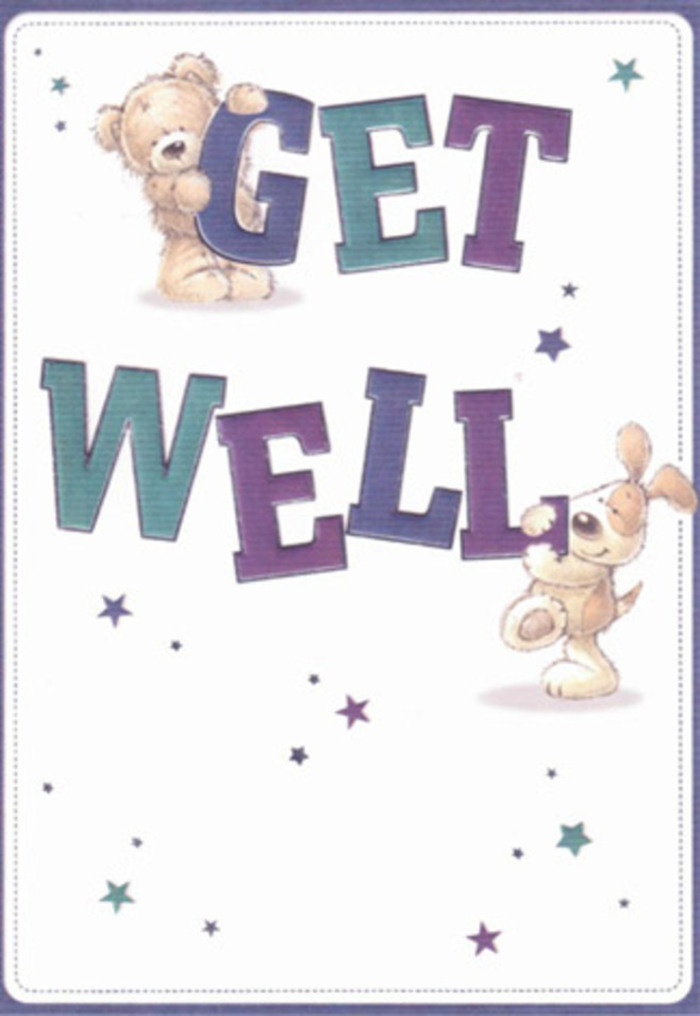 An irresistibly charming get well card illustration features a tender scene of two cartoon friends-a plush teddy bear and a floppy-eared puppy-working together to hold up a bold Get Well message, much like neighbours in Hackney Wick rallying around someone who's under the weather. The words GET WELL are rendered in big, friendly block letters that dominate the centre of the card, each letter shaded in layered tones of indigo, violet, and teal. These cool, jewel-like colours pop vividly against a creamy, near-white background, creating a look that is both fresh and soothing, reminiscent of clean sheets and cool water on a difficult day. Perched atop the word GET, the teddy bear looks wonderfully huggable, with softly defined fur, rounded paws, and a slightly bashful smile that suggests quiet encouragement. Its body curves gently over the letters as if it is cradling the message itself. Below, the puppy presses up against the word WELL, paws braced, tail curved in a lively arc, and velvety ears hanging endearingly to the sides. Its expression is bright and hopeful, like a loyal companion waiting at the door. All around them, starbursts and small, twinkling shapes in shades of blue, purple, and aqua float across the open space, almost like confetti or distant fireworks over the River Lea, symbolising wishes for strength and quick recovery. The composition feels airy and uncluttered, yet emotionally rich, echoing the thoughtful balance of colour and space we aim for when pairing a calm, pastel bouquet with a heartfelt card for same-day delivery across Hackney Wick. It's a design that quietly promises comfort, optimism, and gentle care.