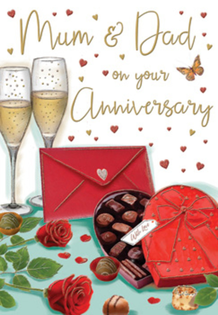The artwork on this anniversary card captures a richly layered celebration scene, as if a couple in Hackney Wick has set a small table for a special evening together after a stroll past the graffiti walls and canal bridges. Two tall champagne flutes stand close, almost touching, filled with sparkling wine that glows a soft golden yellow. Bubbles rise in delicate streams, frozen mid-dance, giving the impression that a heartfelt toast is about to be made. The glasses are rendered with fine detail, their stems slender, their bases catching little reflections of the warm surroundings. In front of them sits a heart-shaped chocolate box, the base a smooth, deep red and the lid tipped back to reveal an assortment of chocolates nestled inside. A luxurious red bow, tied with wide satin ribbon, crowns the box, its loops full and sculpted, like the finishing touch on an indulgent gift ordered for same-day delivery around Hackney Wick and nearby Homerton. Each chocolate is distinct-some rounded, some square, some with a slight swirl or drizzle on top-conjuring thoughts of soft centres and rich flavours. Resting beside the box are two vivid red roses, their petals velvety and densely layered, surrounded by a bed of fresh green foliage. The roses look as if they have just been cut from a florist's bucket, their colour a deep, romantic crimson that immediately draws the eye. A scarlet envelope, sealed with a tiny heart motif, lies nearby, hinting at a handwritten message full of thanks and devotion for a long-married couple, perhaps Mum & Dad. Around the entire scene, gold accents and small crimson hearts float against a warm, softly textured background, giving the card a gentle shimmer. The composition radiates warmth, intimacy, and the unmistakable sense that this is a moment to celebrate a love that has grown over many shared years in this corner of East London.