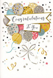 This congratulations card appears like a joyful snapshot from a Hackney Wick celebration, translated into ink, shimmer, and soft colour. A large cluster of balloons dominates the scene, floating upward with a sense of lift and optimism. Each balloon is round and smooth, shaded in coordinated tones of gold, silver, champagne, pale blue, rosy pink, and gentle grey. The surfaces glimmer with decorative details-tiny metallic stars scattered like confetti, slender stripes edged with glitter, and dotted patterns that seem to catch an invisible light, much like the glow from nearby warehouse windows along the canal at night. The balloons are gathered together by a bundle of thin, curling ribbons in gold and silver, which swoop downward in loose spirals, giving the composition an elegant, hand-finished feel. The background is soft and light, sprinkled with small stars, flecks of confetti, and looping swirls that curve around the balloons, adding movement and a playful party atmosphere without overwhelming the eye. Running through the middle is a gentle banner, its edges slightly curved as though it's floating in the air. Upon it, in refined, flowing calligraphy, is the word Congratulations, written in a style that feels both personal and polished. The overall impression is one of bright, buoyant happiness-a sense of pride and celebration that would sit perfectly beside a vase of fresh flowers after exam results, a promotion, or a new chapter started close to Hackney Wick. The design manages to feel festive yet timeless, as if it's ready to mark whatever success the recipient has worked so hard to achieve.