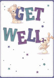 A whimsical illustrated get well card shows a cuddly teddy bear and a floppy-eared puppy teaming up to deliver a cheerful Get Well message, the way a pair of friends might turn up at a Hackney Wick doorstep with flowers and a smile. The bear, soft and round with gentle eyes, clings to the top of the bold word GET, its paws wrapped around the chunky letters as if it has just climbed up for a better view. Below, the puppy balances playfully against the word WELL, its velvety ears flopping to one side, tail lifted in a hopeful wiggle. The lettering itself is big and confident, shaded in rich indigo and teal tones that feel cool and soothing, standing out crisply against a clean cream-white background. Around them, starbursts in shades of blue, purple, and aqua seem to float like tiny sparks of encouragement, echoing the kind of bright, uplifting details we add to a bedside bouquet. The illustration has a hand-painted quality, with visible brushstrokes and soft texturing that make the bear's fur and the puppy's coat look almost touchable, like a comforting cuddle. There is no clutter, just generous space around the figures and text, giving the design a sense of calm clarity that feels perfect for someone recovering at home near the canals or after a stroll in Victoria Park. The whole card radiates warmth, innocence, and gentle optimism, much like a thoughtfully chosen arrangement delivered across Hackney Wick to lift a loved one's spirits when words alone don't quite feel enough.
