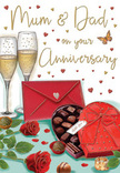 This illustrated anniversary card shows a romantic still life that feels at home in Hackney Wick, like a quiet celebration set up after a day wandering around Queen Elizabeth Olympic Park or the local galleries. At the centre, two slender champagne flutes stand in close companionship, filled with pale, sparkling wine. The liquid glows softly, and fine trails of bubbles rise within each glass, as though caught mid-motion just before a tender clink. In front of them, a heart-shaped box of chocolates takes pride of place. Its base is a deep red, and the slightly open lid reveals an inviting array of neatly arranged truffles and pralines, each chocolate catching subtle highlights that suggest smooth, glossy shells. A generous red satin bow wraps the box, its loops and tails adding a sense of luxury and care. Resting alongside, two classic red roses lie across a base of lush green leaves, their velvety petals rich and full, reminiscent of the kind of premium blooms local florists in Hackney Wick select for meaningful anniversaries and heartfelt Mum & Dad celebrations. The red of the roses is a deep ruby, complemented by the fresh, glossy greenery. Nearby, a bright scarlet envelope, sealed with a small heart, suggests a private note filled with memories and gratitude. Scattered around the composition, tiny crimson and gold hearts float over a warm, softly glowing background, giving the piece a gentle sparkle without overwhelming the calm mood. The entire tableau feels intimate, indulgent, and tender, capturing the essence of an anniversary evening shared in a cosy East London home: champagne, chocolate, roses, and the quiet comfort of enduring love.